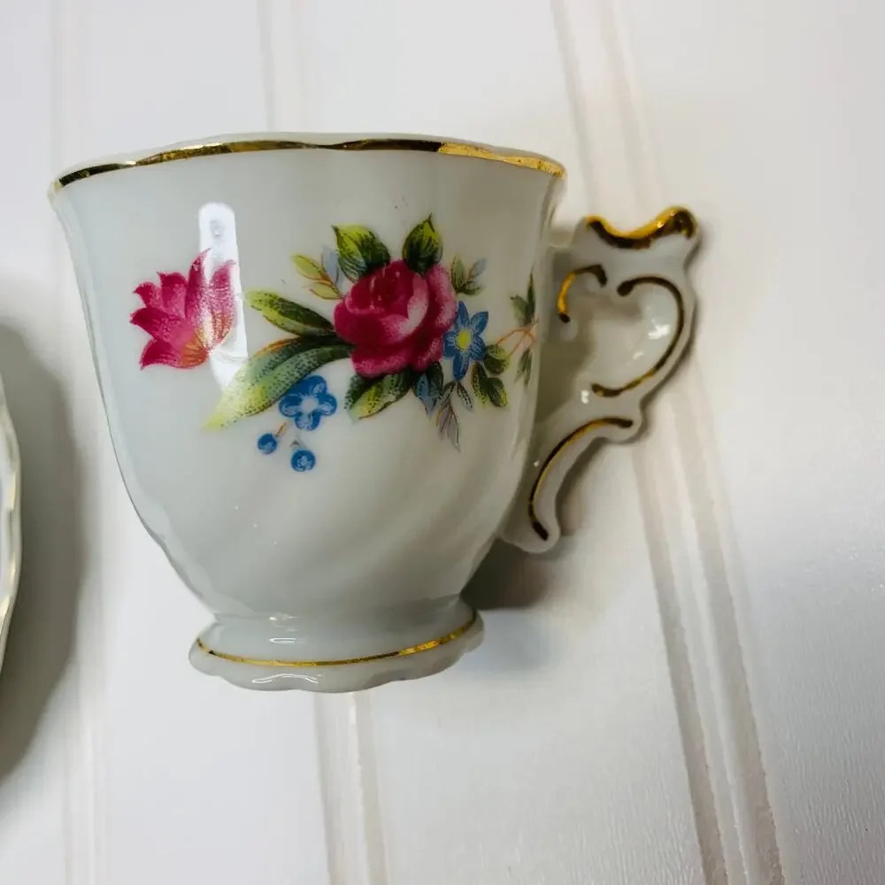 Demitasse Vintage Tea Cup Set Made in Occupied Japan Pink Roses Gold Trimmed